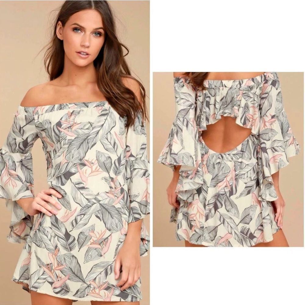 Lulus Sun Drenched Daydream Beige Floral Print Off the Shoulder Dress